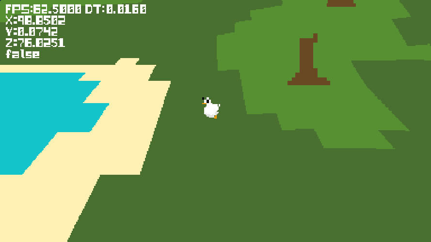 A pixelated duck standing on a grassy terrain